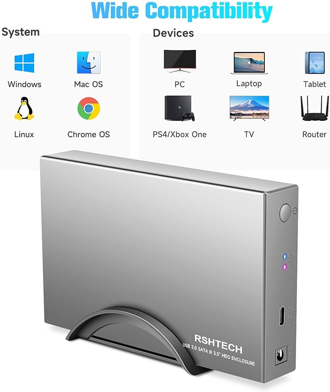 RSHTECH Hard Drive Enclosure Upgraded Version 3.5" Aluminum USB C to SATA External Hard Drive Dock Case for 3.5 inch HDD & SSD up to 24TB, with 2-in-1 USB Cable, Support UASP