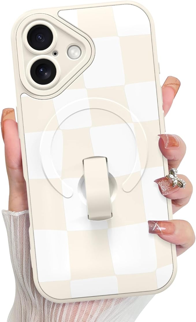 KANGHAR Compatible with iPhone 17 Case, Support for MagSafe, Silicone Checkered Cute Pattern, Wristband Kickstand Camera Protection Soft Slim Cover for Girls Women -White