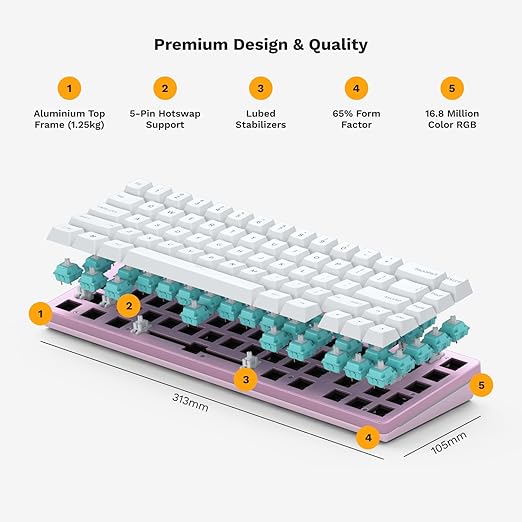 GLORIOUS GMMK 2 Gaming Barebones Keyboard - Hot Swappable TKL DIY, Compact Mechanical Keyboard Kit- Wired, RGB Backlit,- PC Setup Accessories- 65%, Pink