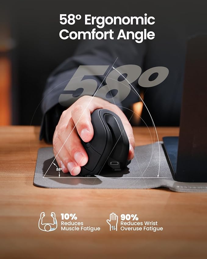 ProtoArc Ergonomic Mouse, EM11 NL Bluetooth Rechargeable Wireless Vertical Mouse, 3 Multi-Device Connectivity for Computer/PC/Laptop, 2.4GHz USB-A Optical Mice for Windows, Mac OS, Black