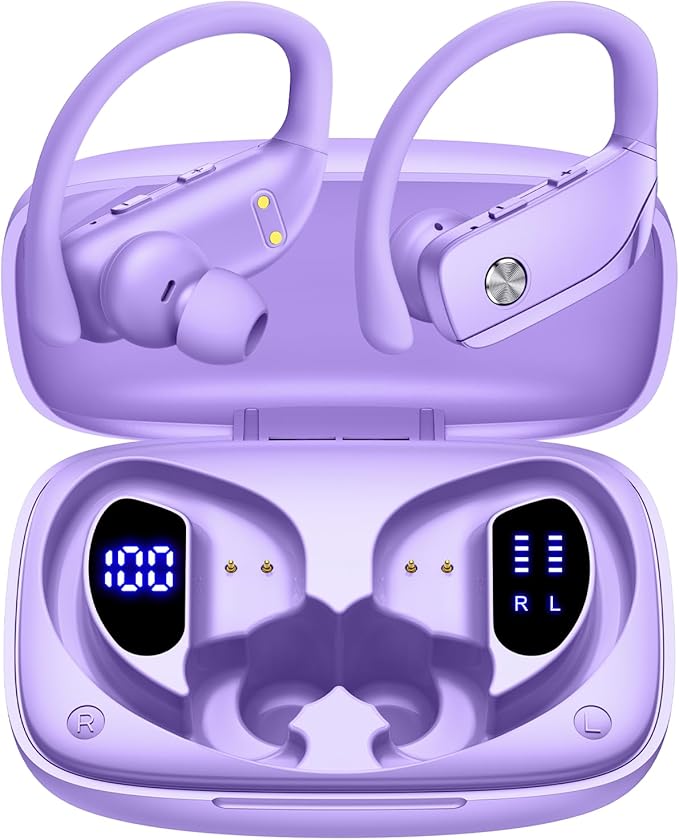bmanl Wireless Earbuds Bluetooth Headphones Over Ear Hooks Ear Buds with 80H Playtime, LED Power Display, Dual Mic Clear Calls, Sports Wireless Ear Buds Bluetooth Earbud for Running Gym Workout Purple