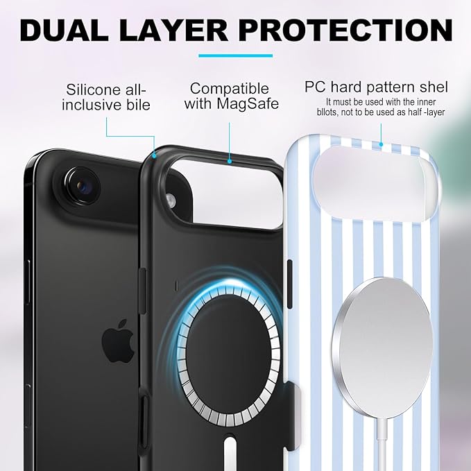 Magnetic for iPhone 17 Air Case Cute Stripes Phone Case, Shockproof Slim TPU and Hard PC Protective Phone Cover Compatible with MagSafe Designed for Women Girls, Blue and White