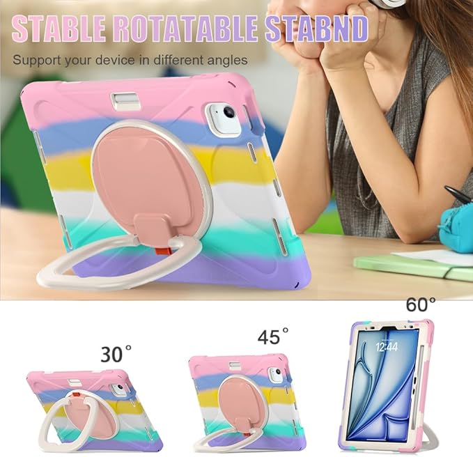 SCSVPN Kids Case for iPad Air 11 Inch M4/M3/M2 (2026/2025/2024), iPad Air 5th/4th Gen 10.9''(2022/2020), iPad Pro 11 4th/3rd/2nd/1st Gen, Protective Cover with Pen Holder, Stand, Shoulder Strap, Pink