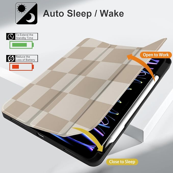 DONGKE Case for iPad Pro 12.9 inch 6th Generation 2022, Built-in Pencil Holder + Trifold Stand + Auto Wake/Sleep + Protective Cover for iPad Pro 12.9 5th/4th/3rd Gen- Beige Chessboard