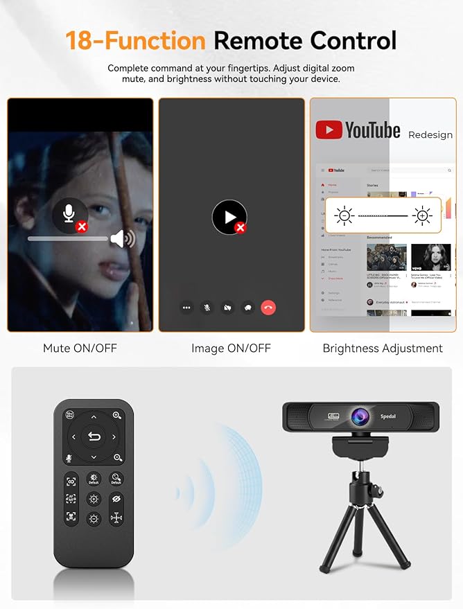 Spedal 4K Webcam with Tripod, Wide Angle 120° USB Webcam, Sony 1/2.8" Sensor, Dual Microphones, Remote Control, Auto Focus for Video Conferencing, Online Meetings, Streaming, Zoom & Teams