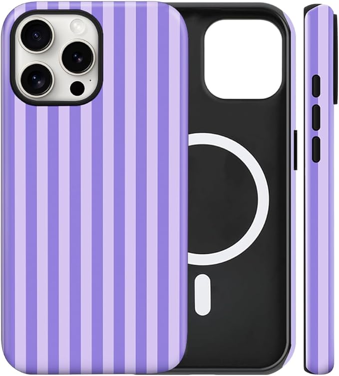 Magnetic for iPhone 15 Case Cute Stripes Phone Case, Shockproof Slim TPU and Hard PC Protective Phone Cover Compatible with MagSafe Designed for Women Girls, Light Purple