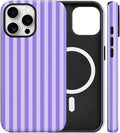 Magnetic for iPhone 15 Case Cute Stripes Phone Case, Shockproof Slim TPU and Hard PC Protective Phone Cover Compatible with MagSafe Designed for Women Girls, Light Purple