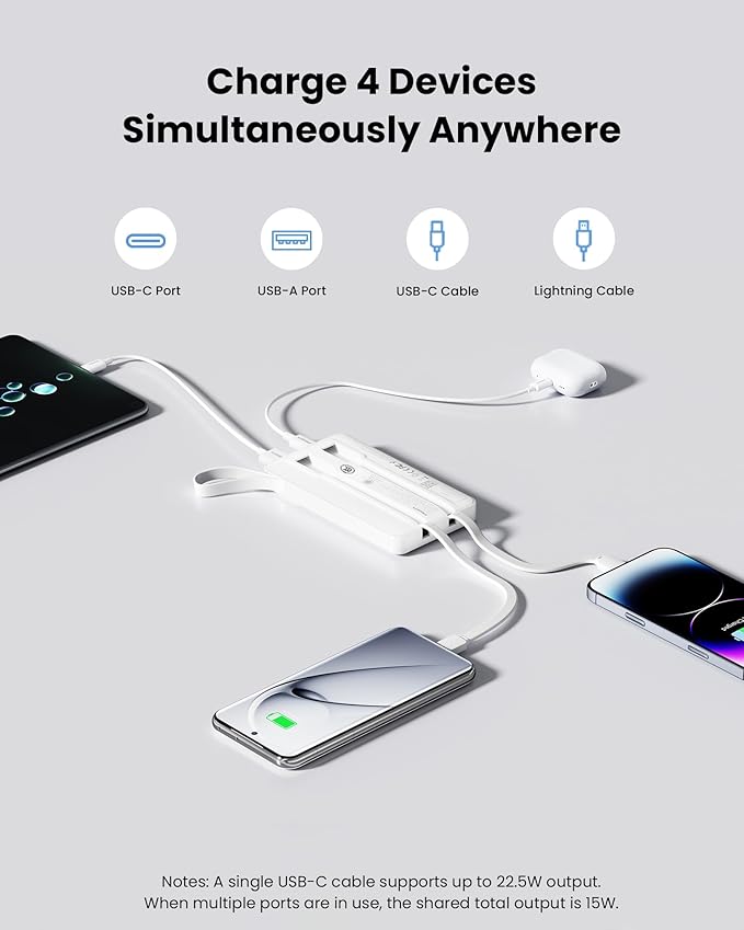 PISEN 3C Certified Power Bank - 10000mAh 22.5W CCC Power Bank with Built in Cable, Travel Battery Pack Portable 3C Charger with LED Display, Portable Charger with Built in Cable for iPhone, Samsung