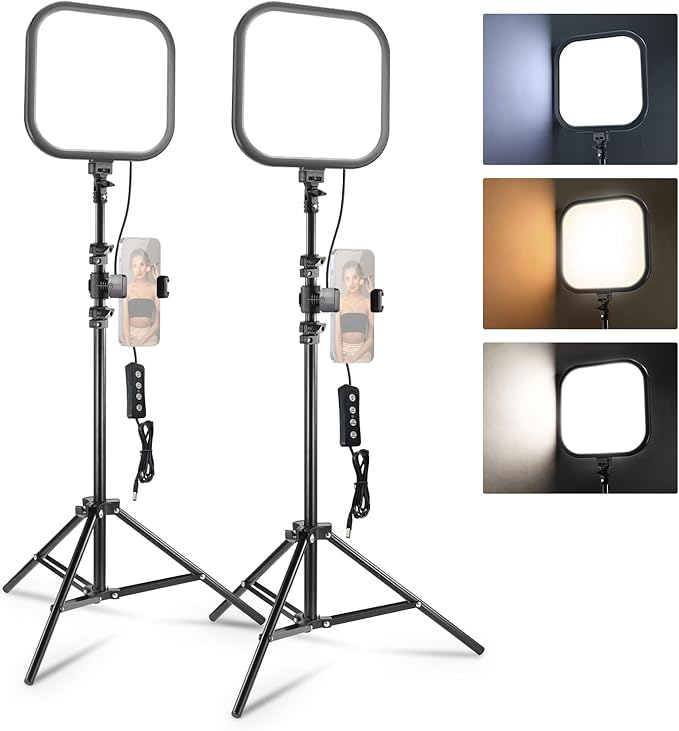 NEEWER Basics 2 Pack 15W 10.8" LED Video Light Panel Lighting Kit with 63" Tripod Stands, Edge Lit Bi Color Dimmable Studio Light 816lux CRI95+ for Photography Filming Recording Streaming, L220