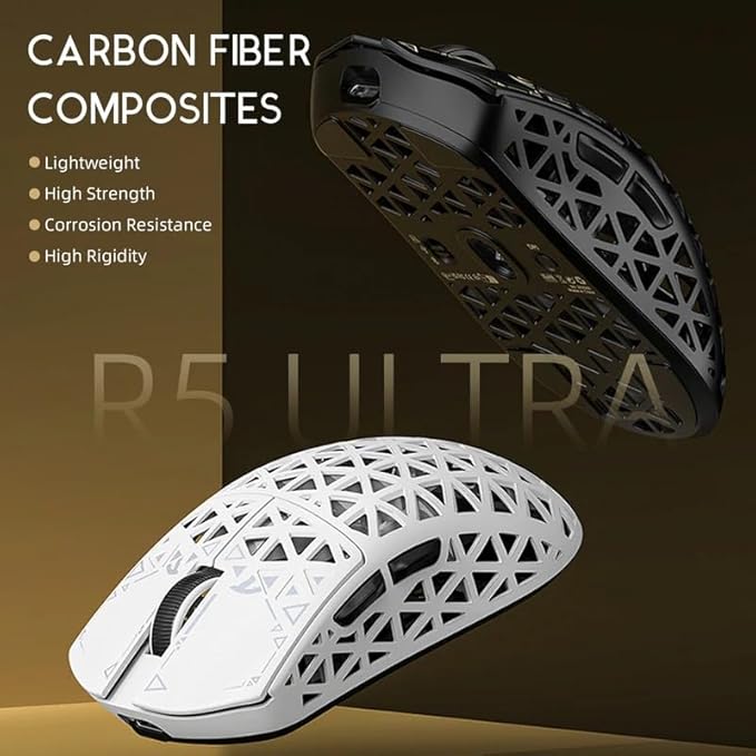 ATTACK SHARK R5 Ultra Carbon Fiber Wireless Gaming Mouse,39g Superlight Hollowed-Out,PAW3950MAX Optical Sensor Nordic 52840 MCU 8K Polling 42K DPI,Tri-Mode Programmable Mice with Coiled Cable-Black