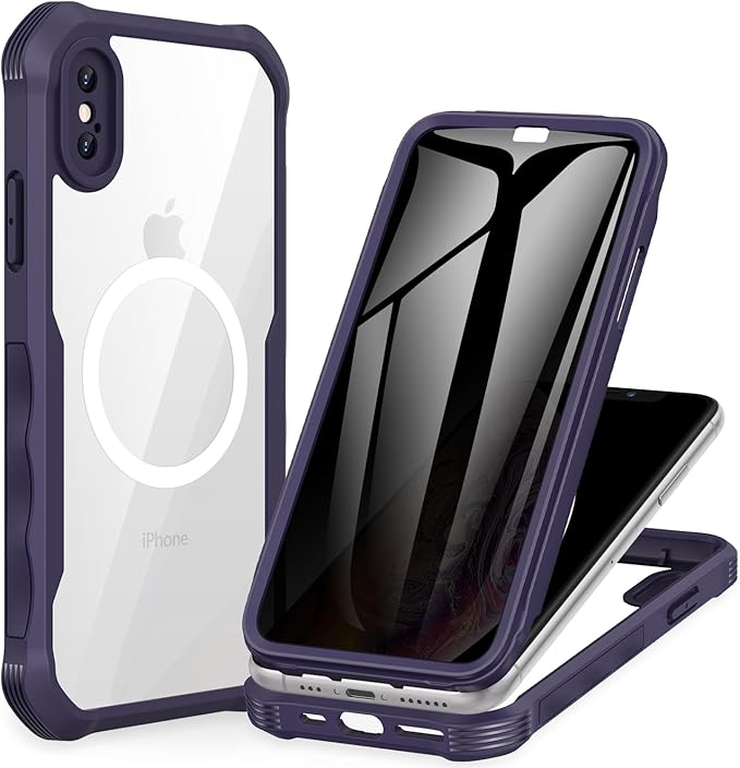 CENHUFO Magnetic Privacy for iPhone X Case/iPhone Xs Case, Full Body Phone Case Built-in 9H Tempered Glass Privacy Screen Protector [Compatible with Magsafe] Shockproof Bumper Clear Cover -Purple