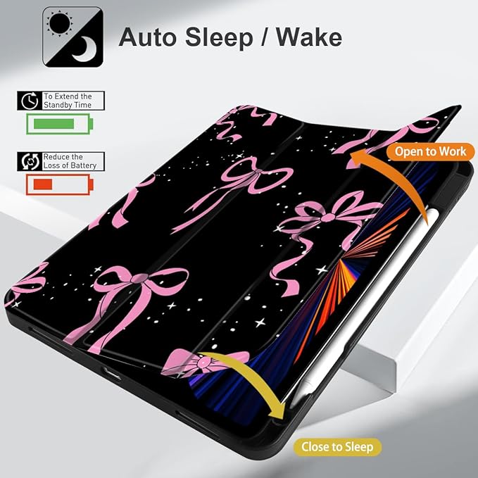 DONGKE Case for 2022/2021/2020/2018 iPad Pro 11 inch Gen 4/3/2/1 - Slim Protective Case - Built in Pencil Holder Support Charging - Trifold Stand & Sleep/Wake Cover - Bows & Stars