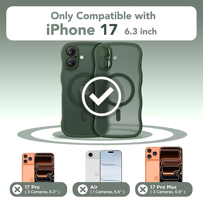 CAPRARO Magnetic for iPhone 17 Case for Women Girls, Upgraded [Full Camera Protection] [Compatible with MagSafe] Cute Wave Translucent Matte Phone Case for iPhone 17, Deep Green