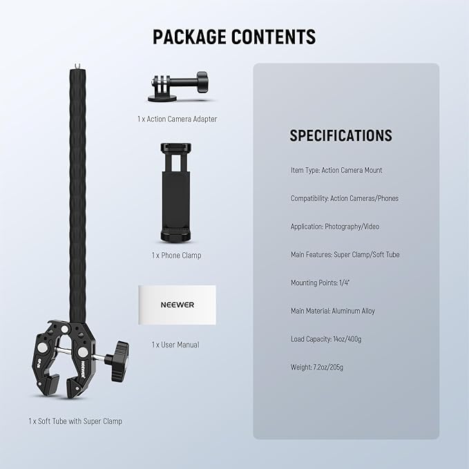NEEWER Action Camera Mount Kit with Super Clamp, Soft Tube, Action Camera Adapter, Adjustable Holder for Flat/Round Surfaces, Compatible with GoPro Insta360 DJI Smartphone GP-26