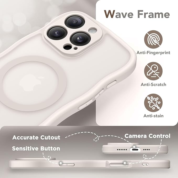 CAPRARO for iPhone 16 Pro Max Case for Women Girls, Upgraded [Full Camera Protection] [Compatible with MagSafe] Cute Wave Translucent Matte Phone Case for iPhone 16 Pro Max, Stone