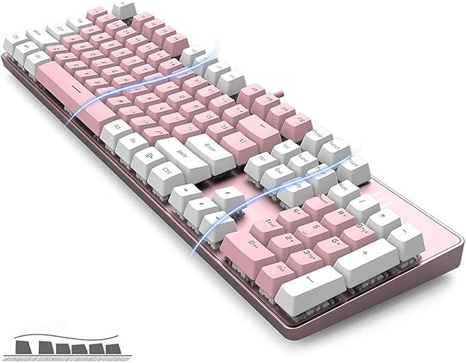 Merdia 104 Keys Full Size Mechanical Keyboard | Blue Switch, Pink & White Color 104 Keys US Layout Led Backlit Hot Swappable Wired Mechanical Light Up Pink Keyboard | Wired Gaming Computer Keyboards