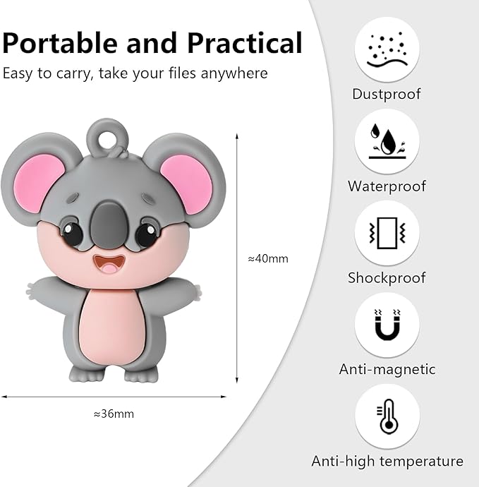 USB Flash Drives, 16GB/32GB/64GB/128GB Silicone USB2.0 High Speed Thumb Memory Stick Pen Date Storage Pendrive U Disk (Cute Koala, 128GB)