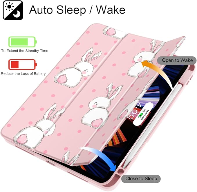 May Chen Case for iPad Pro 11-Inch M5/M4 2025/2024 (6th/5th Generation), [Penceil Holder] Trifold Stand Auto Wake/Sleep Clear TPU Protection Back Cover, Cute Rabbit