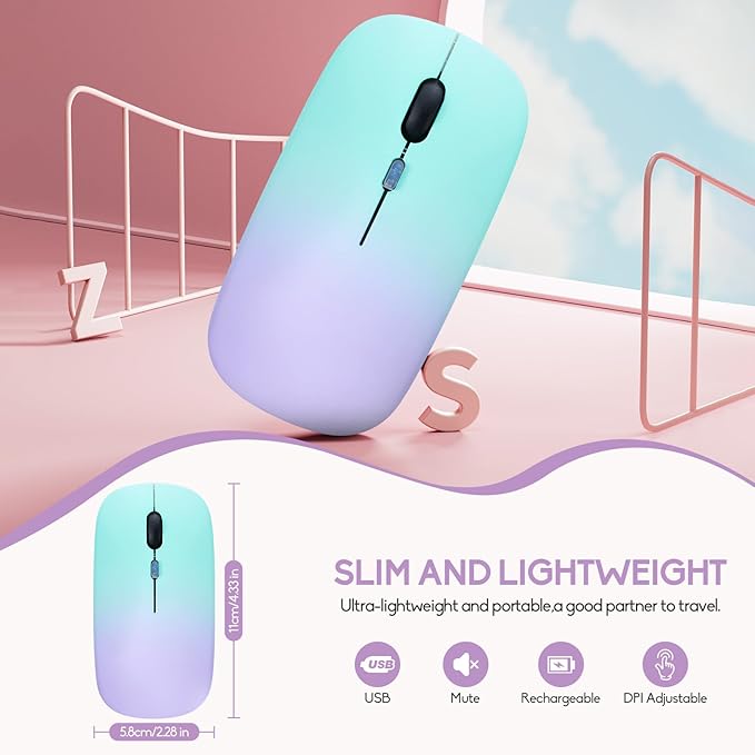 Wireless Bluetooth Mouse,LED Dual Mode Rechargeable Silent Slim Laptop Mouse,Portable(BT5.2+USB Receiver) Dual Mode Computer Mice,for Laptop,Desktop Computer,ipad Tablet,Phone,Mac(Green purple)