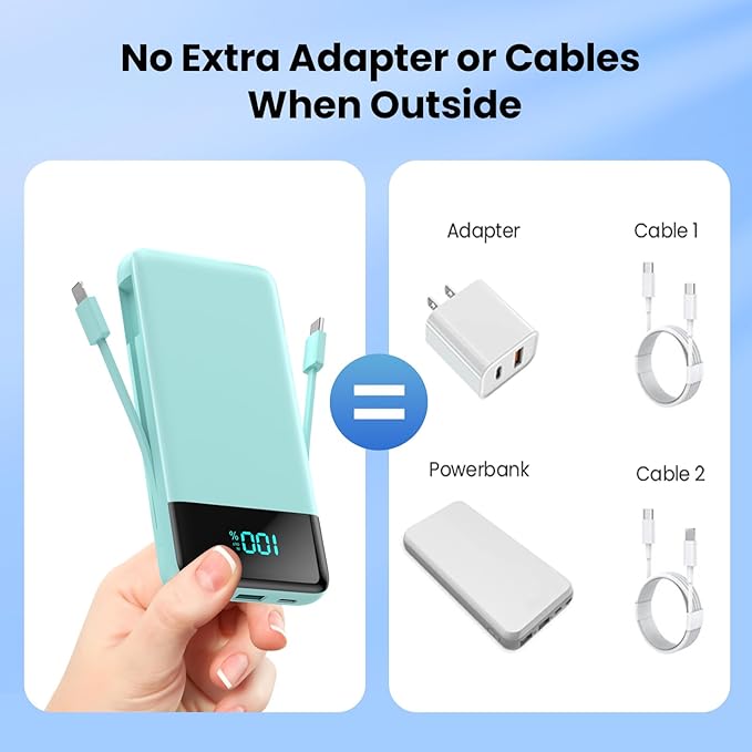 Portable Charger for iPhone,13800mAh Slim Power Bank with Built-in Cables & AC Wall Plug,All in One 4 Outputs USB C Fast Charging Battery Pack Travel Essential for iPhone 17/16/15/14,Android (Green)