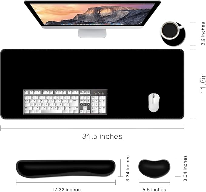 MIBITRI Keyboard Mouse Pad Set, Extended Gaming Mouse Pad+Ergonomics Keyboard Wrist Rest Support, Memory Foam, Easy Typing Pain Relief, 4Pcs XXL Ultra Thick Desk Mat, Black