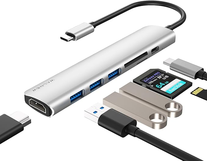 WALNEW 7-in-1 USB C Hub with 100W PD,4K HDMI,SD/TF Reader,USB 3.0, Thunderbolt 3 Dongle Multiport Adapter Type C Dock for Mac/iMac/MacBook M1 M2,iPad Pro/Air/Mini 6,Dell XPS 15 13,Chromebook Laptop
