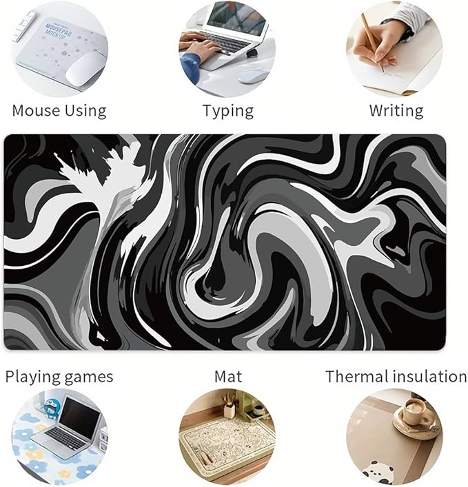 Large Gaming Mouse Pad - Black and White Mouse Pad with Stitched Edges, Extended XL Mousepad with Anti-Slip Rubber Base, Ink Liquid Wave Desk Mat for Keyboard and Mouse(31.5x15.8 inch)