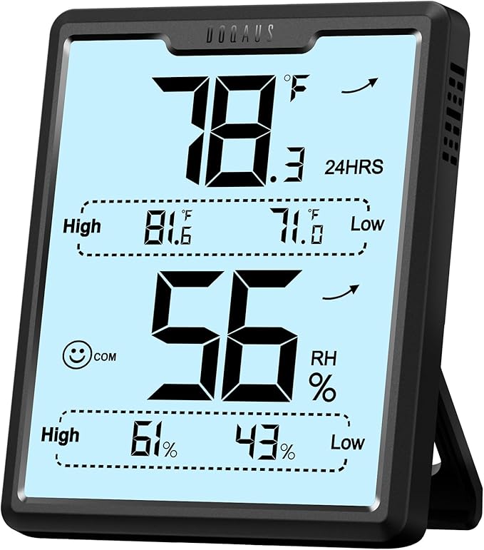 DOQAUS Digital Hygrometer Room Thermometer Indoor, Humidity Meter with Large LCD Display, Backlight Temperature Humidity Monitor with Max Min Records, Black
