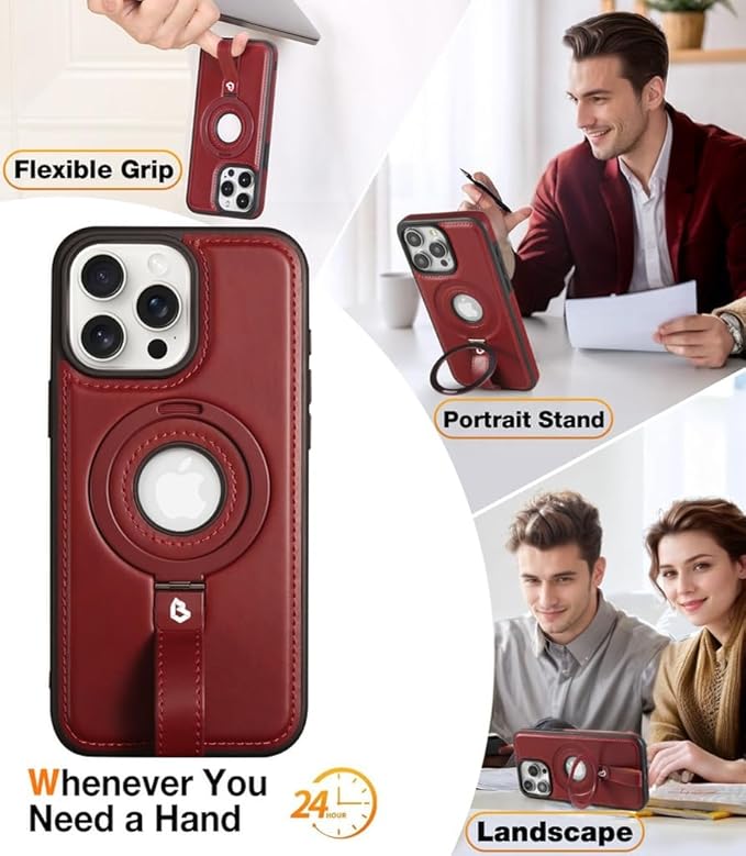 Butaiga for iPhone 14 /iPhone 13 Leather Case with Stand, Anti-Slip Grip Ring, Fits for MagSafe (Burgundy, iPhone 14/13)