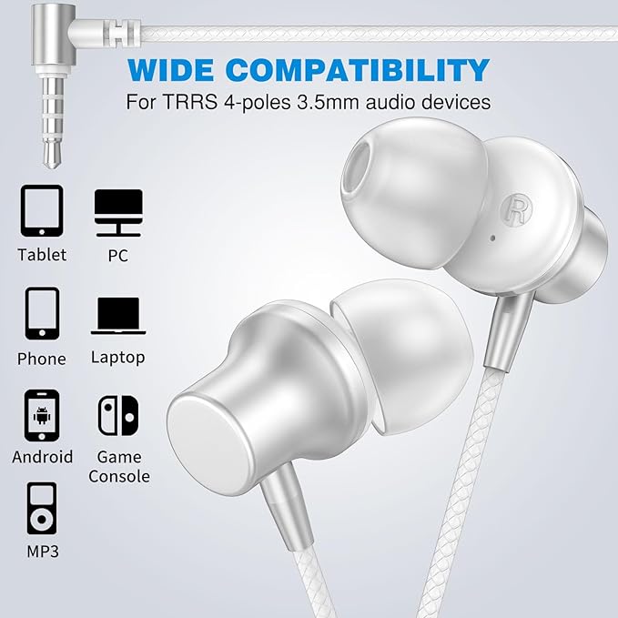 3.5mm Headphones 5.9ft Long Cord Wired Earbuds with Microphone Noise Isolating Earphone Stereo Clear Call Volume Plug in 3.5mm Jack Wired Ear Buds for Office School Laptop Chromebook PC Travel, Silver