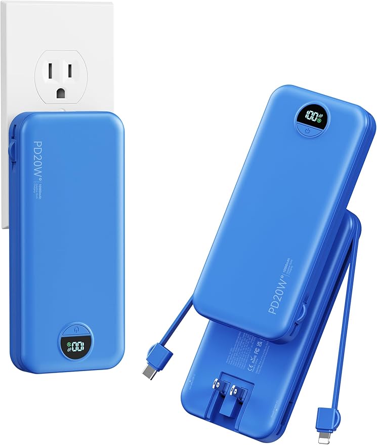 10000mAh Ultra-Portable-Charger-Power-Bank with Built in Cables&AC Wall Plug, PD20W USB-C Fast Charging Cell Phone Charger Battery Pack,LED Display Travel Battery Bank for All iPhone,Samsung,Android