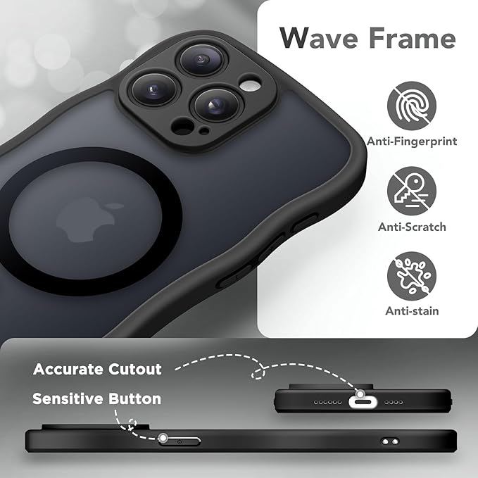 CAPRARO Cute for iPhone 15 Pro Case, Compatible with MagSafe, [Curly Wave Edge] [Full Camera Protection] [14 FT Drop Protection] Magnetic Phone Case for 15 Pro 6.1 Inch, Black