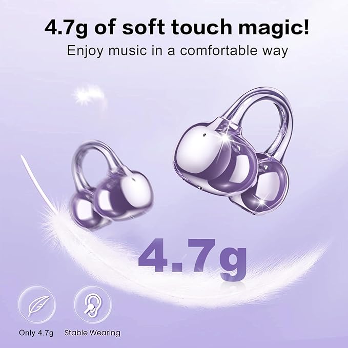 ZIHNIC S26 Wireless Clip on Earbuds, Open Ear Wireless Bluetooth 5.4 Headphones with Mic, IPX5 Waterproof, 35Hr Play time, Light Weight -Purple