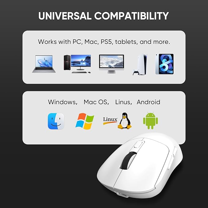 MELOGAGA Wireless Gaming Mouse, 2.4G/Bluetooth 5.4/USB-C 3-Mode Wired/Cordless Game Mice with 8 Adjustable DPI, Ergonomic Rechargeable Computer Mouse for PC, Mac, PS5, Tablet -White