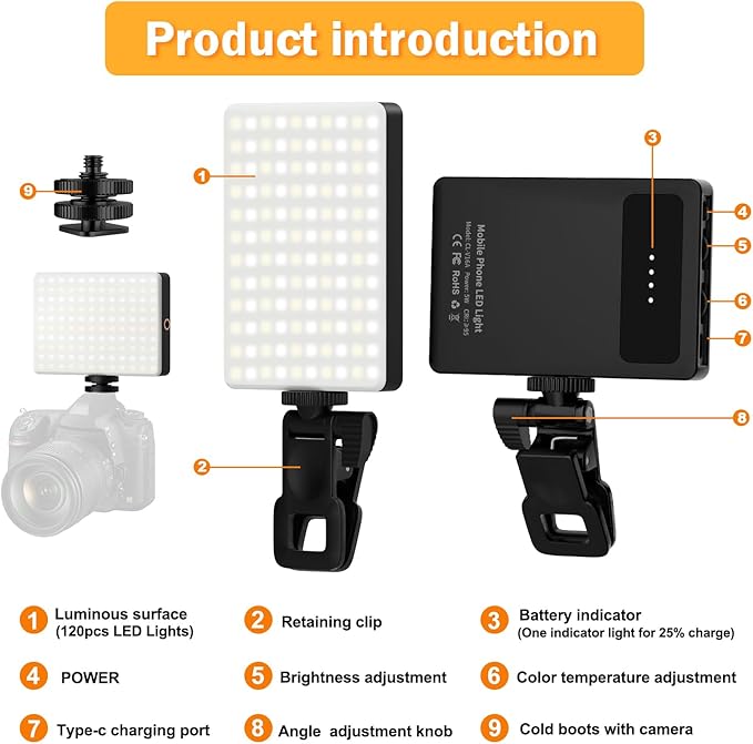 120 LED Selfie Light for iPhone, Portable Phone Light with Clip & Camera Tripod Adapter - 5000mAh Rechargeable, 3 Lighting Modes, CRI 97+ for Video Recording, TikTok, Tripod Mount Rings