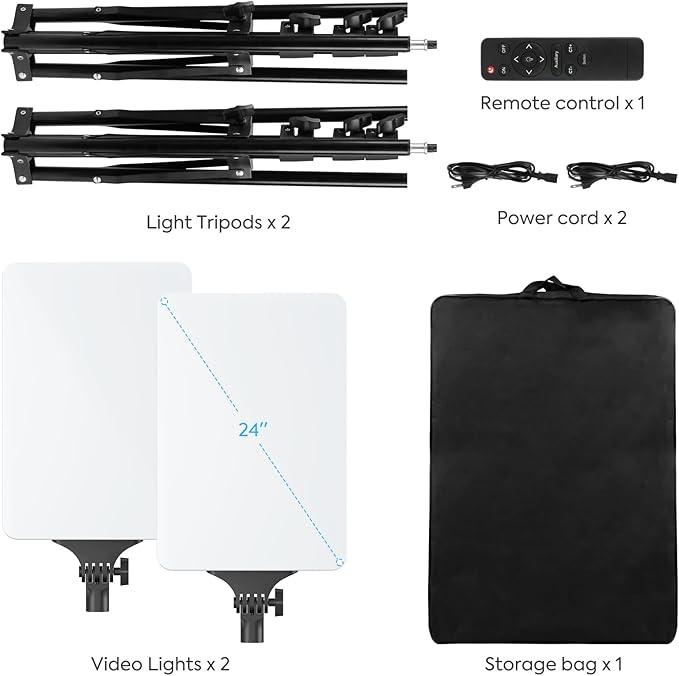 2-Pack 24'' LED Video Light Kit, Heorryn 2800-7500K Dimmable Photography Lighting with Remote and 75inches Stand, CRI 96+ Studio Lights for TikTok, YouTube, Game Streaming, Video Photography