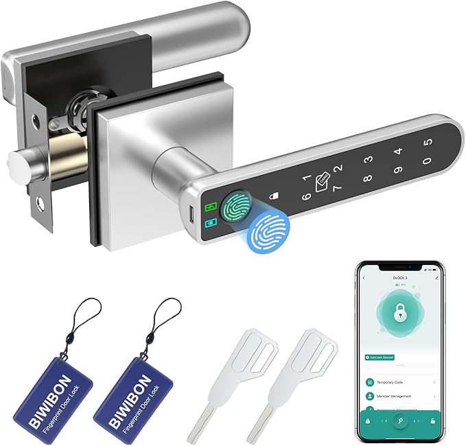 BIWIBON Fingerprint Door Lock, 5 in 1 Finger Print Door Knob with Smart APP/Fingerprint/IC Cards/Password/Backup Keys, Smart Door Knob with Keypad for Bedroom, Office, Apartment, Square Silver