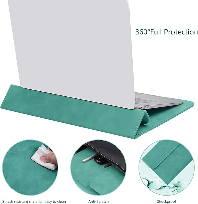 Megoo 14" Slim Laptop Sleeve Case with Stand for Samsung Galaxy Book 13.3", MacBook Air 13.3"/13.6"/Pro 14.2", Microsoft Surface Laptop 13.5", Leather Case for 13" 14" Tablet Chromebook Notebook(Cyan)