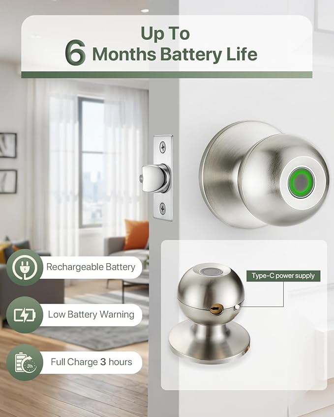 Fingerprint Door Knob, Biometric Door Lock with Auto Lock, Passage Mode, Rechargeable Battery, Thumbprint Entry Door Knob for Bedroom, Office, Apartment & Front Door