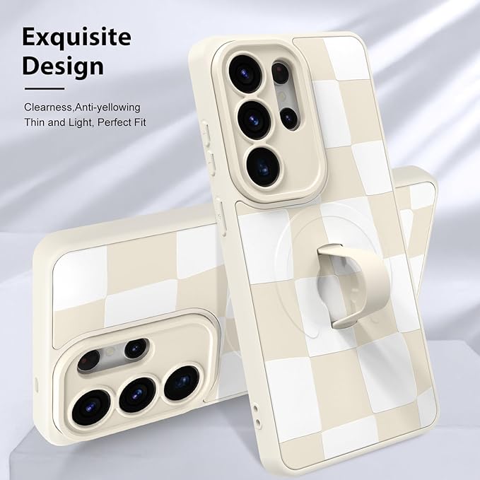 KANGHAR Compatible with Samsung Galaxy S26 Ultra Case, Support for MagSafe, Silicone Checkered Cute Pattern, Wristband Kickstand Camera Protection Soft Slim Cover for Girls Women -White