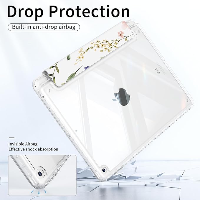 Case for ipad 9th Generation10.2 inch, for ipad 8th/7th Gen Case with Pencil Holder, Trifold Stand, Clear Shockproof Cover, Auto Sleep Shell, Purple Floral