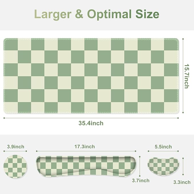 Large Gaming Mouse Pad Set, 4 in1 Ergonomics Keyboard Desk Mat with Memory Foam Wrist Rest, Extended Game Mousepad, Non-Slip Desk Pad Matt Easy Typing Pain Relief I Green Checkered