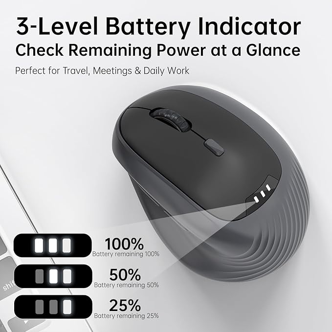 PYP Ergonomic Vertical Wireless Mouse, Bluetooth 5.2/5.0 & 2.4G Tri-Mode, Type-C Rechargeable with Power Display, 6-Level Adjustable 8,000 DPI, Lightweight Quiet Click for Laptop Mac - Black