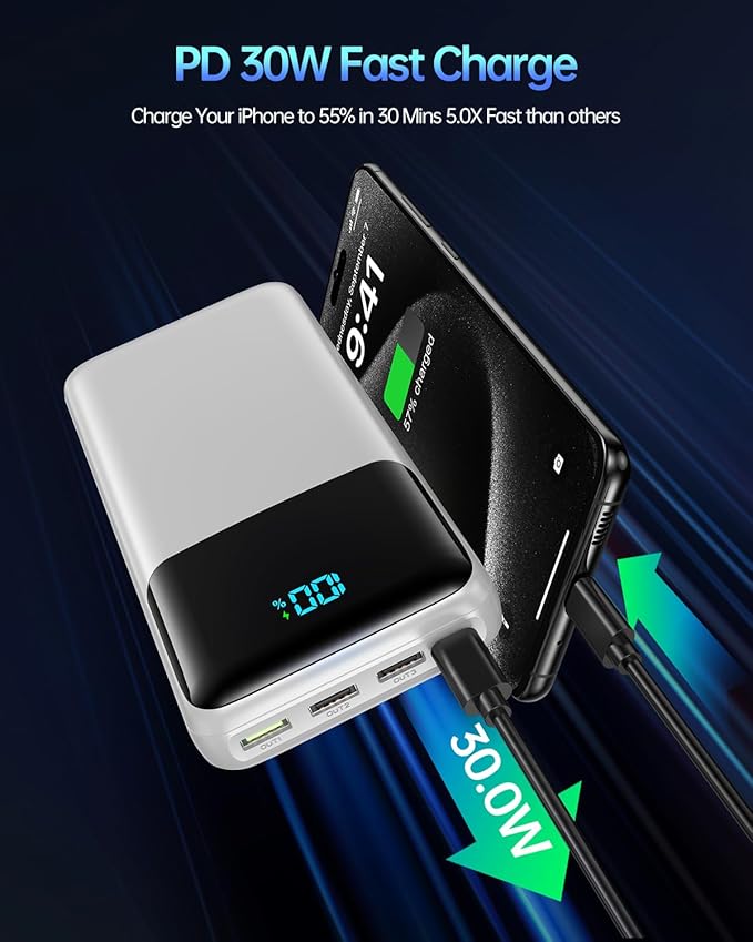 Portable Charger Power Bank 50000mAh, USB-C PD 30W Fast Charging, High Capacity External Battery Pack for Camping, Portable Phone Charger for iPhone 17/16/15/14/13/12/11 Samsung Android (White)