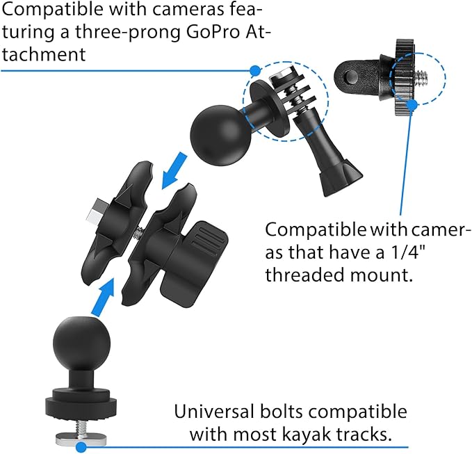 Universal Kayak Action Camera Mount 360 Degree Adjustable Kayak Rail Track Camera Holder Compatible with GoPro Three-Prong Mounts