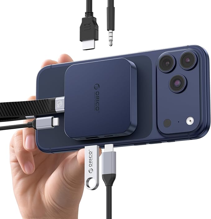 ORICO 10Gbps Magnetic M.2 Docking Station, 6-in-1 USB C HUB & M.2 2230 NVMe Enclosure with HDMI 4K@60Hz, USB-A&C 3.2, 100W PD, AUX, USBC Dock for iPhone 17/16/15 Pro/Pro Max