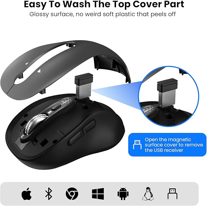 Wireless Bluetooth Mouse,Multi Device Ergo Computer Mouses,Metal 4-Way Super Scrolling,± 3200 DPI,10 Buttons,Plug&Play,Quiet,Rechargeable,USB Cordless Mice for Laptop,Tablet,Mac,iPad,PC,Phone (Grey)