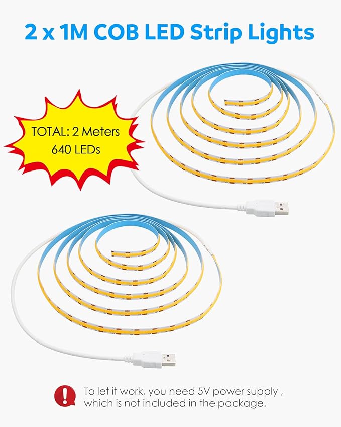 Aclorol COB LED Strip Light 5V USB 1M/3.28FT Warm White 3000K Flexible LED TV Backlight with Self-Adhesive 8mm Width for Bedroom Bedframe Kitchen Sideboard Lighting Project CRI90+ 320LEDs/M (2 Pack)