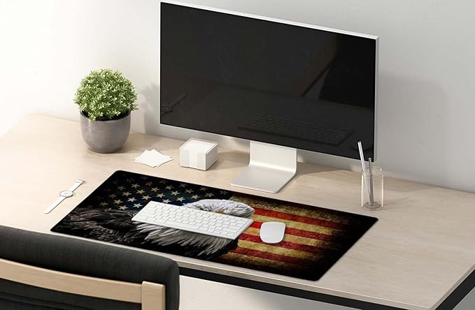SSOIU Extended Gaming Mouse Pad - Non-Slip Water-Resistant Rubber Base Computer Keyboard Mouse Mat, 35.5x15.7-inch XX-Large Desk Mat, Ideal Partner for Work & Game, American Bald Eagle on Grunge Flag