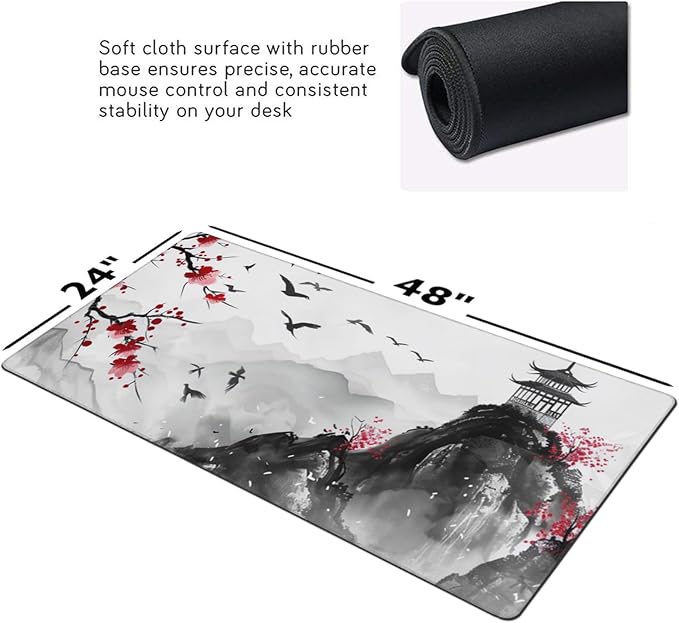 3XL Extended Gaming Mouse Pad -Watercolor Cherry Blossom 24x48 Inch Mouse Mats Desk Pad,Large Desk Mat,Extended Keyboard Mousepad with Non-Slip Base and Stitched Edge for Home Office